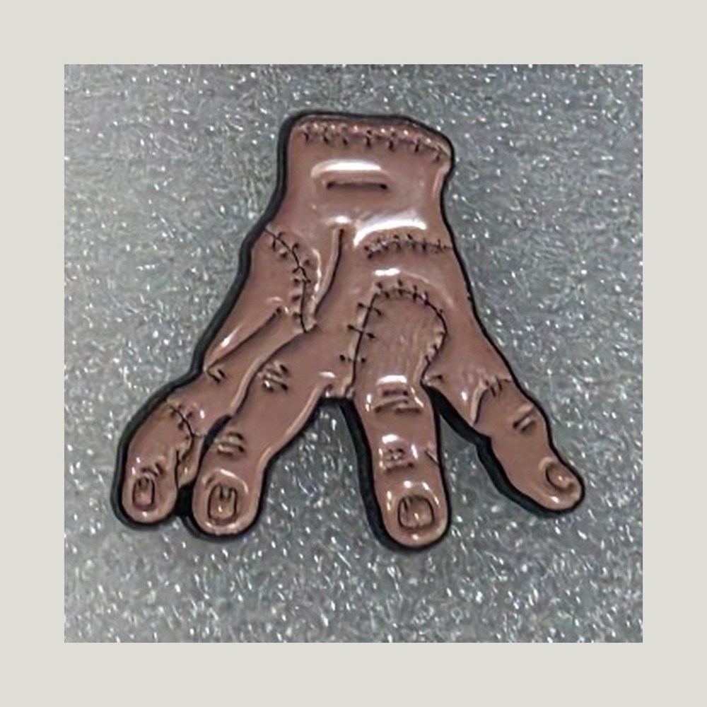 Addams Family Thing Enamel Pin Brown Stitched Hand Goth Macabre Lapel Accessory